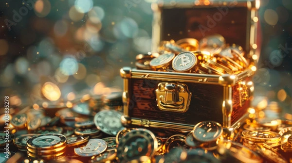 Fototapeta Treasure chest filled with various investment symbols, including gold coins and cryptocurrency, creating sense of wealth and opportunity