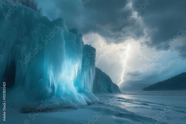 Fototapeta Dramatic winter scene with icy cliffs lit by lightning against stormy skies, capturing nature's power and raw beauty.