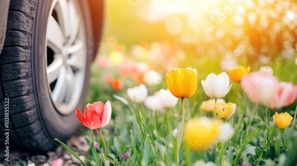 Fototapeta A colorful array of spring flowers surrounds a car tire as sunlight bathes the garden in warmth and glow