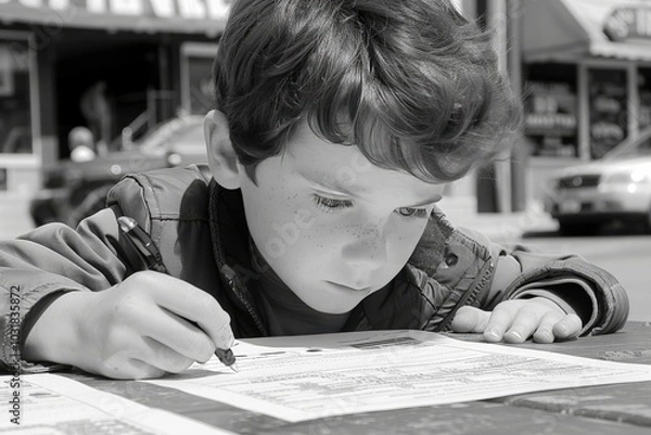 Fototapeta Young boy focused on drawing on a sunny street, enjoying a creative moment at a picnic table in the afternoon light