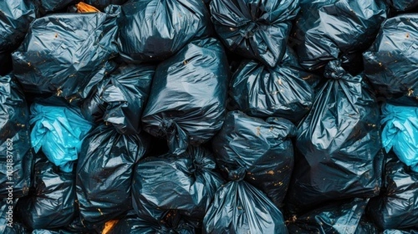 Fototapeta A significant collection of black garbage bags stacked together, highlighting issues of waste management in a city environment