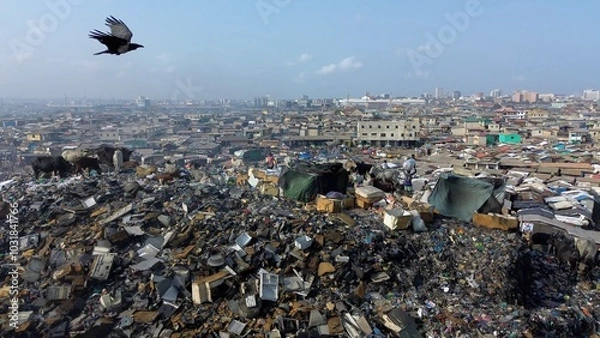 Fototapeta Ghana, Accra,   AGBOGBLOSHIE drone view Odaw River the largest landfill illegal dump in Africa for electronic and plastic waste from the Western world. mountain of toxic waste, environmental disaster 