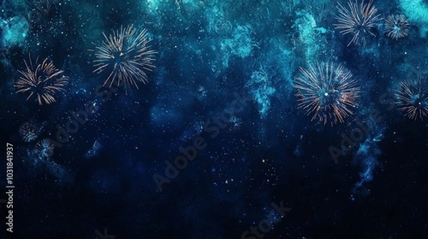 Fototapeta Fireworks explode in the rustic dark blue sky, capturing the spirit of New Year 2025 in this panoramic party banner