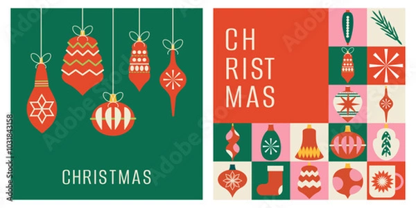 Fototapeta Set of posters and banners for Christmas and New Year. 2025. Year of the snake. Mosaic. Neo geometric modern trendy. Hand drawn. Doodle. Isolated. Elements, shapes and frames. Xmas. Cut out. 