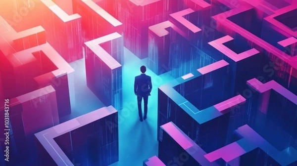 Fototapeta A businessman stands in a maze, contemplating his next move. The maze is brightly lit with a blue and pink glow, representing the challenges and opportunities that lie ahead.