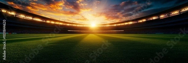 Fototapeta A serene cricket stadium bathed in the golden glow of a setting sun, a powerful symbol of anticipation, competition, and the beauty of nature.