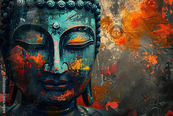 Fototapeta Beautiful greeting card with ancient statue great Buddha to bright holiday composition