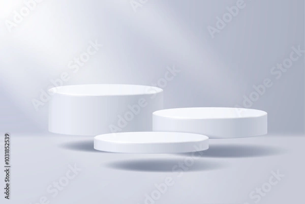 Obraz Collection of podiums levitating in space against the background of a fog illuminated by rays of sunlight. Minimalistic abstract scene. Vector illustration.