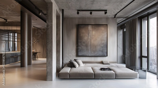 Fototapeta Open-plan minimalist loft with polished concrete walls, a neutral-toned low sofa, and a modern industrial painting