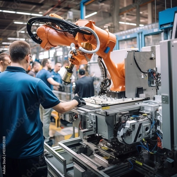 Obraz A close-up of a collaborative robot (cobot) working alongside humans in a manufacturing setting, Generative Ai