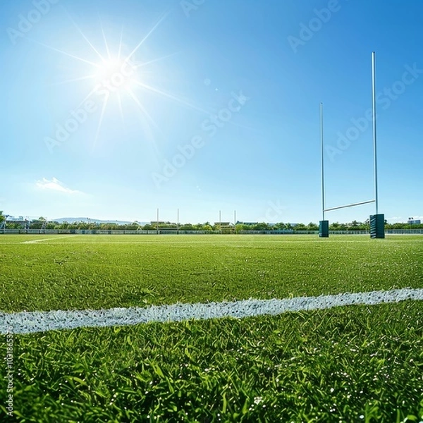 Fototapeta A wide shot of a vibrant green rugby field with white lines, under a clear blue sky, showcasing goalposts and a bright sun.