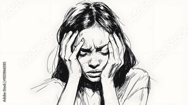 Obraz Facepalm woman drawing, disappointment guy sketch, sad covering face with hands, illustration
