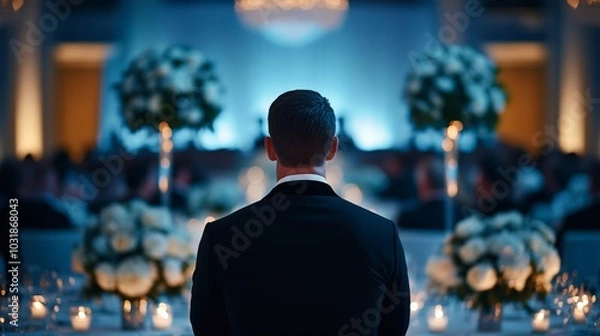 Fototapeta Elegant black-tie fundraiser dinner with guests seated at tables adorned with candles and flowers, while a speaker presents the mission of the charity on a beautifully lit stage 