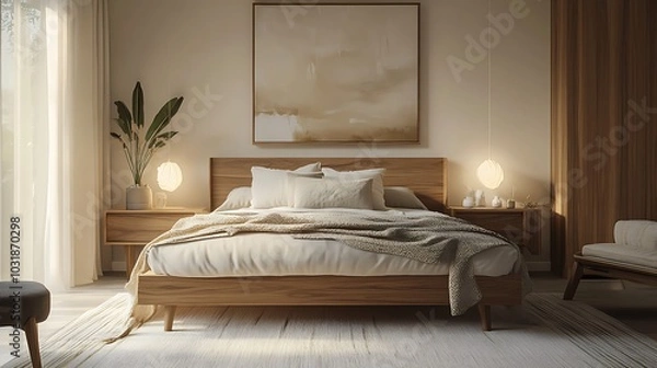 Fototapeta Elegant and Cozy Modern Bedroom Interior Design with Stylish Decor, mockup, poster and Background