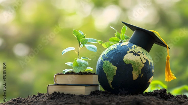 Fototapeta Eco education concept, sustainable learning for a greener planet, earth model with graduation cap, plant growth, environmental education, books, knowledge, and nature
