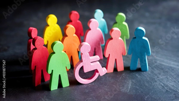 Fototapeta diversity and inclusion concept with wooden people figures of different color including wheelchair user