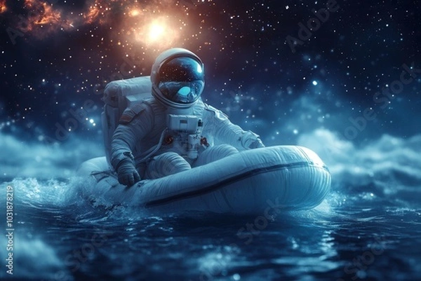 Obraz Astronaut navigates a small inflatable boat on a cosmic sea under a starry sky, blending exploration and adventure in a surreal cosmic journey.