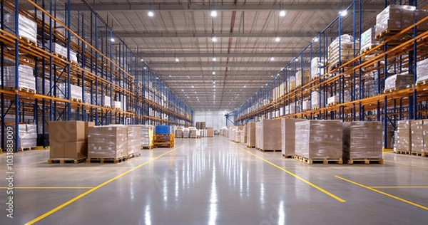 Obraz Spacious Modern Warehouse with Stacked Pallets and Boxes