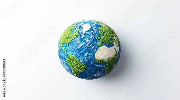 Fototapeta Clean minimalistic illustration of green planet Earth centered on a white background symbolizing Earth Day The globe features vibrant green landmasses and deep blue oceans representing sustainability