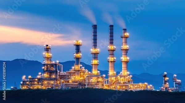 Obraz Dazzling industrial landscape at dusk illuminated chimneys and towers showcasing modern manufacturing power