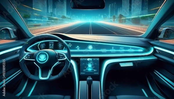 Fototapeta Interior view of a car showcasing the dashboard, steering wheel, and controls, highlighting the driver’s perspective on the road