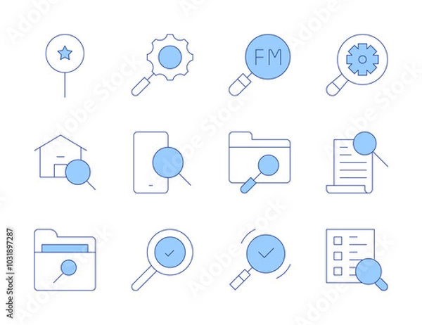 Fototapeta Search icons. Line Duotone style, editable stroke. searching, search, folder, search house, gear, discovery, search survey