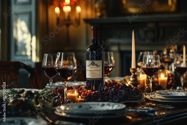 Fototapeta A beautifully arranged dining table with elegant wine and glassware. It creates a warm and inviting atmosphere. Perfect for celebrations or gatherings. Generative AI