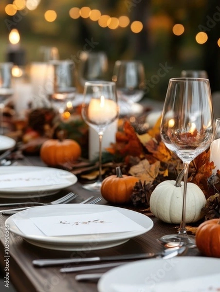 Fototapeta Elegant autumn dinner setting with candles and seasonal decor