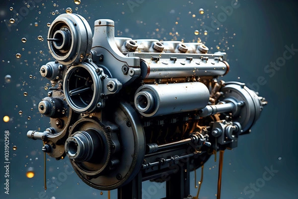 Fototapeta Detailed car engine with splashes of oil and water in a workshop setting. The metallic components and machinery parts are in focus.