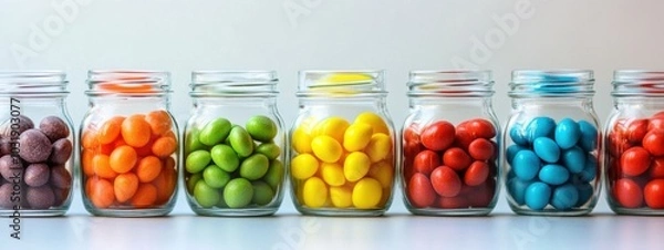 Fototapeta Vibrant display of uniform glass jars brimming with an array of colorful candies, creating a delightful and inviting visual feast