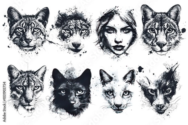 Fototapeta Monochrome Collection of Expressive Feline Portraits