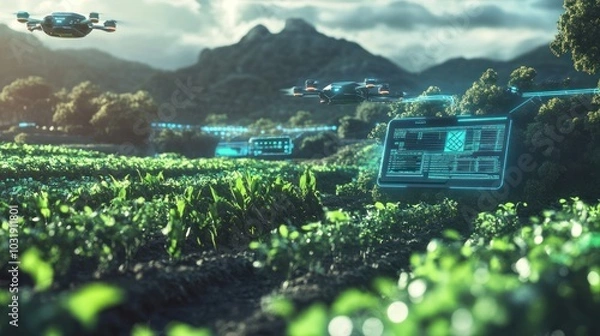 Fototapeta Drones flying over a field with a tablet displaying data, showing modern agriculture technology.