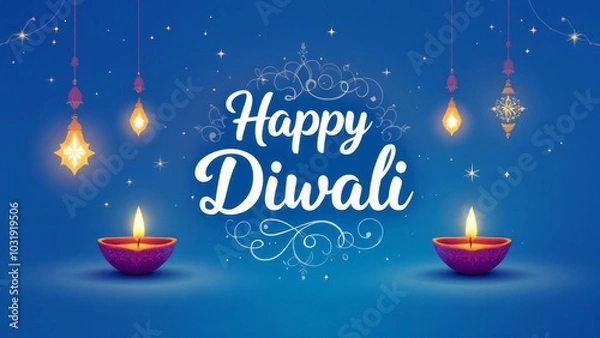 Fototapeta Happy Diwali Greeting Card with Diyas and Lanterns on Blue Background