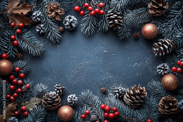 Obraz Flat lay arrangement of pine branches, pinecones, red berries, and gold ornaments on a frosty dark background, creating a festive winter frame. Concept of Christmas decoration, and seasonal elegance