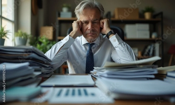 Fototapeta Business person put his head in his hands and massages his temples, suffering from headache, at table with pile of papers or documents. Concept of overwork, fatigue, lack of time and business problems