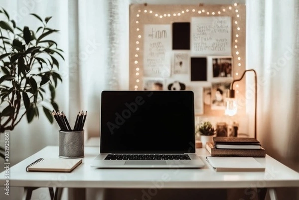 Fototapeta minimalist desk setup with a vision board in the background, displaying inspirational quotes, photos, and goals