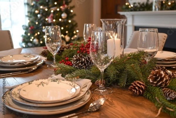 Fototapeta beautifully decorated holiday dining table, set with elegant plates, glasses, and candles