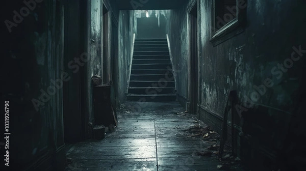 Fototapeta A dark hallway with a staircase leading up to a room