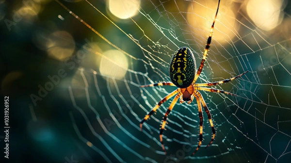 Fototapeta A golden orb-weaver spider waiting in the center of its web.