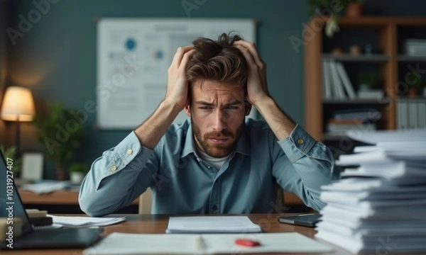 Fototapeta Business person put his head in his hands and massages his temples, suffering from headache, at table with pile of papers or documents. Concept of overwork, fatigue, lack of time and business problems