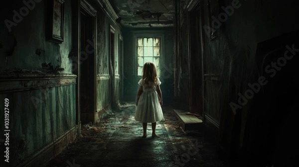 Fototapeta A ghostly little girl in a white dress, floating silently through the decaying halls of a haunted house, surrounded by cobwebs and dark corners.