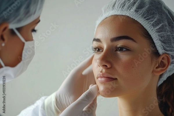 Fototapeta Plastic surgery and beauty concept. Profile shot of woman consulting before rhinoplasty operation, surgeon touching woman nose, white background, side, Generative AI