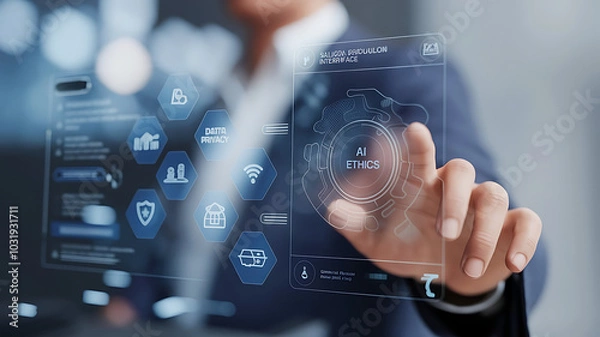 Fototapeta Businessman touching virtual AI ethics icon. AI ethics, Artificial intelligence law, AI ethics, or AI law concept.	