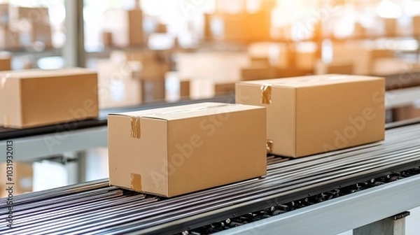 Fototapeta Packages moving on a conveyor belt inside a distribution center.