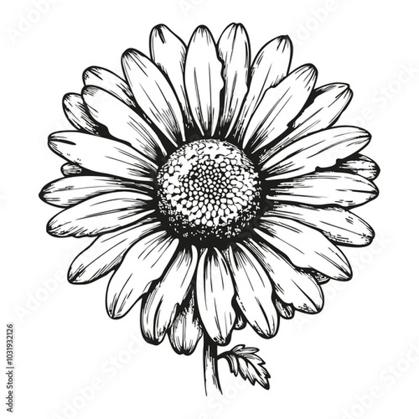 Fototapeta A black and white drawing of a daisy flower. The flower is large and has a yellow center. The petals are spread out and the stem is thin. The drawing has a simple and elegant feel to it