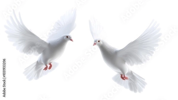 Fototapeta Two white doves in flight against a plain background, symbolizing peace and freedom