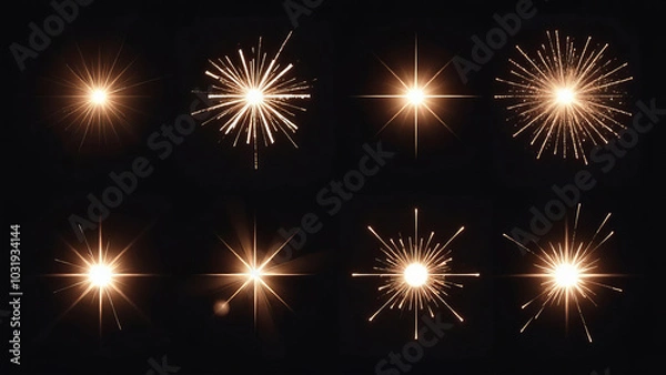 Fototapeta Light effect set. Glow transparent light effect set, lens flare, explosion, glitter, dust, line, sun flash, spark and stars, spotlight, curve twirl. Sunlight, abstract special effect.