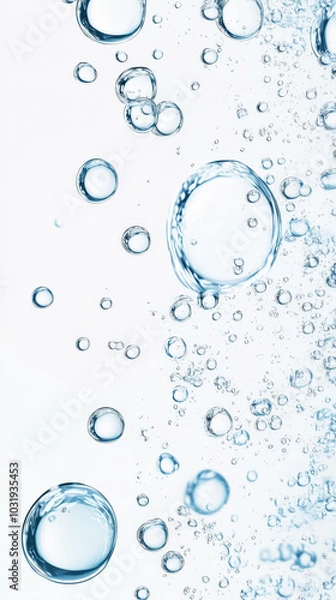 Fototapeta Blue water bubbles and splashes on clean background, aesthetic mockup. Generative AI
