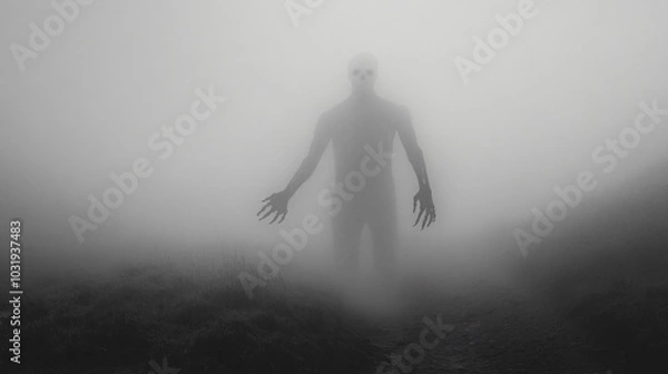 Fototapeta A ghostly figure emerges from the fog, beckoning with a skeletal hand.