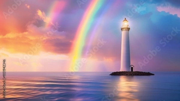 Obraz An isolated lighthouse standing tall with a rainbow in the background.